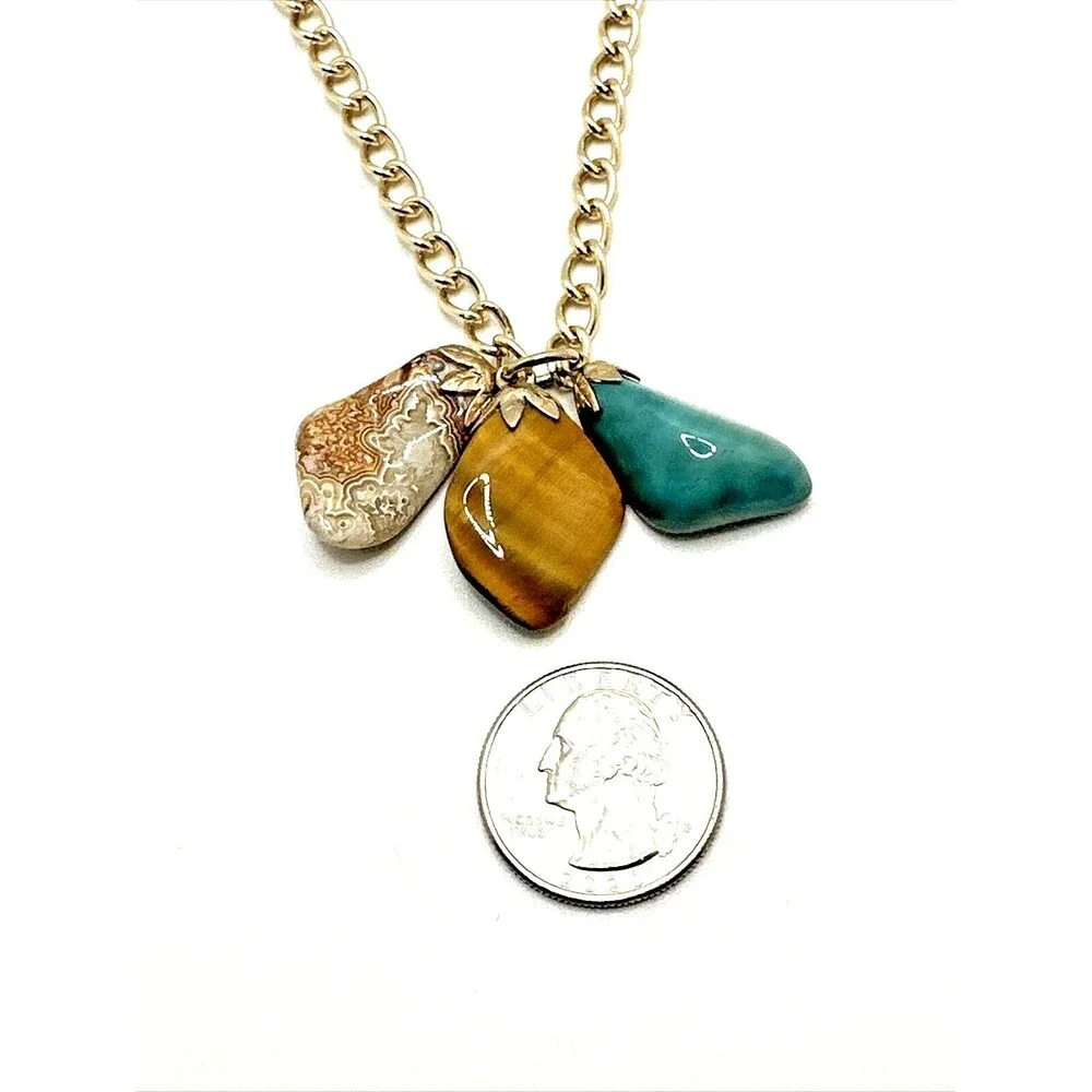 Vintage Organic Semi Precious Stone Pendant Necklace Gold Tone Dangles 30